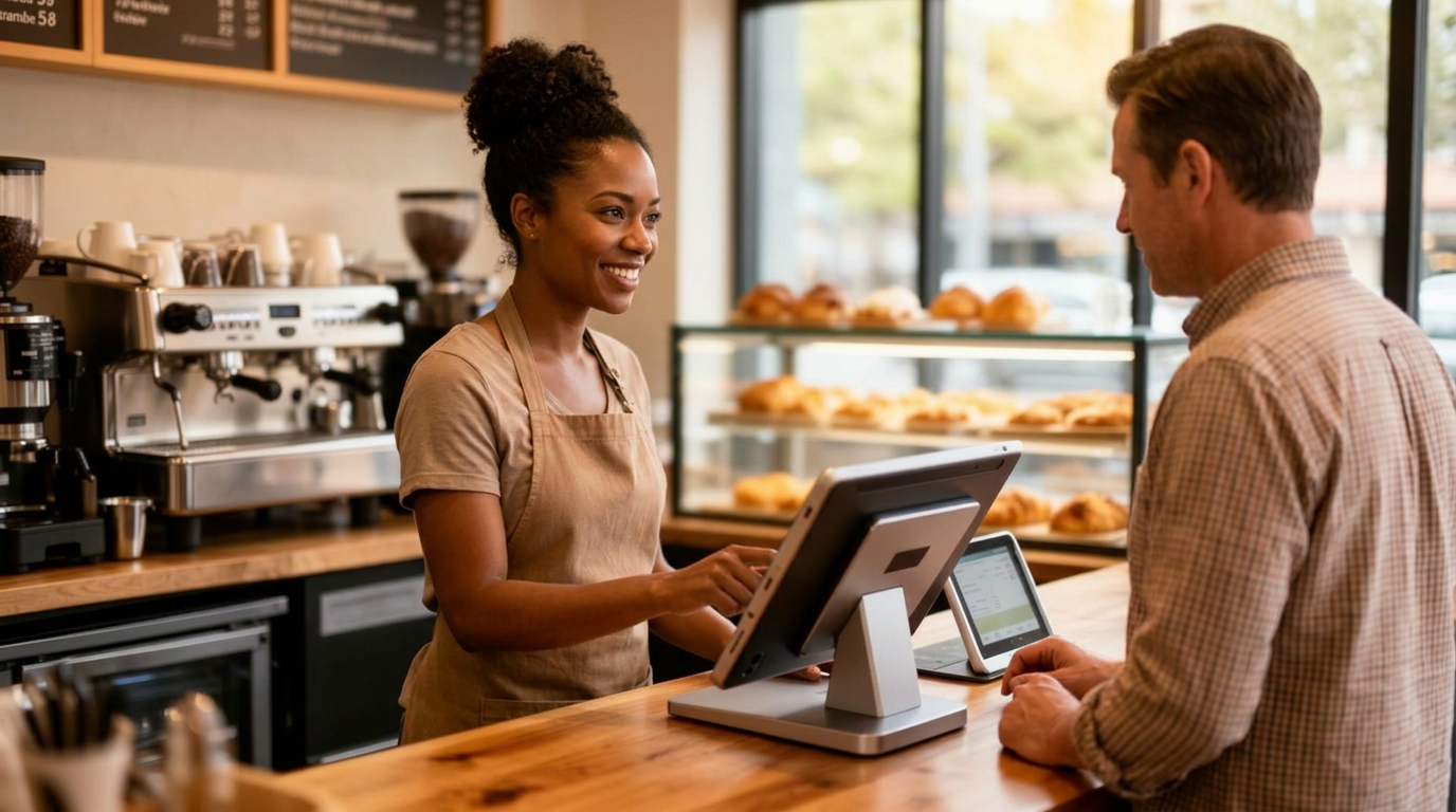 Barista using a modern tablet point of sale system in a local coffee shop